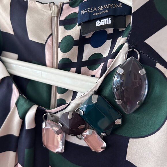 Piazza Sempione Geometric Silk Shift Dress with Neck Embellishment Jewels - Picture 3 of 9